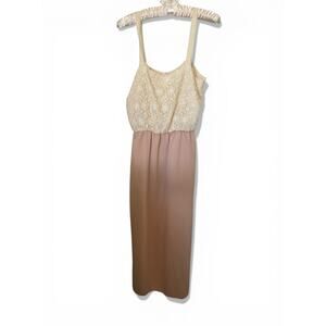 Vintage Lace Maxi Dress Boho Cottagecore Cream Blush Slip Dress 70's